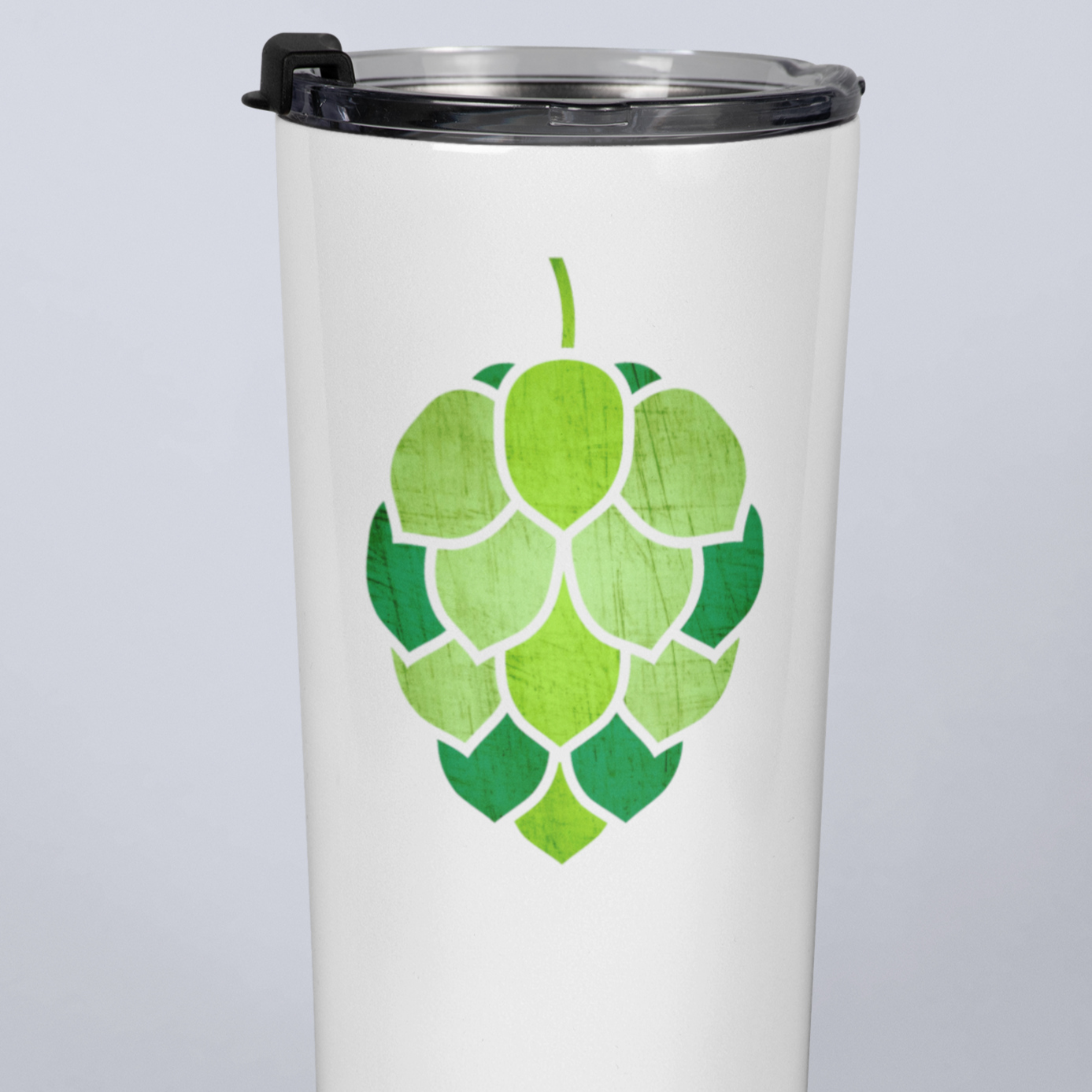 White 20oz travel mug with stained-glass hop-cone graphic