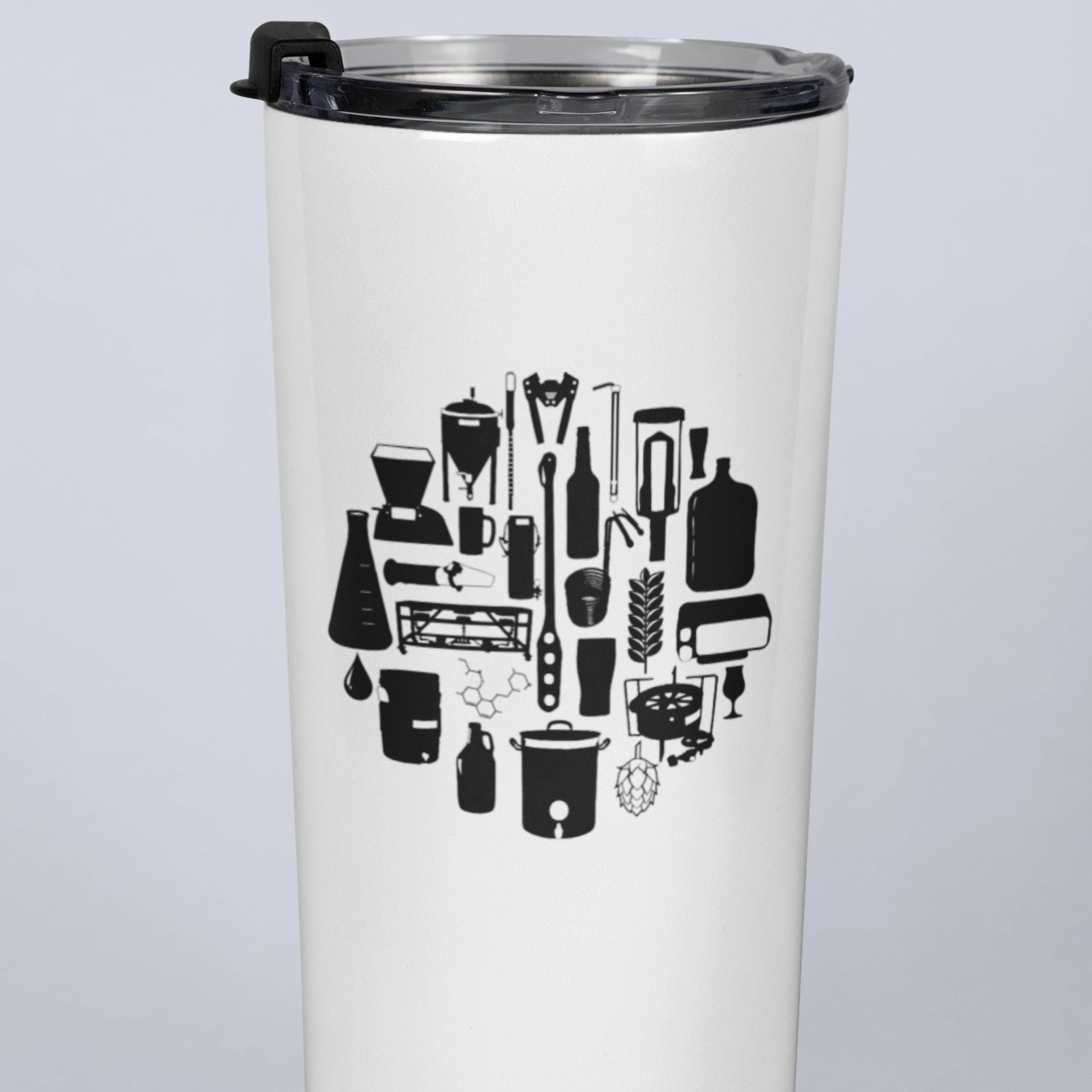 White 20 oz travel mug with circular collage of homebrewing tool silhouettes
