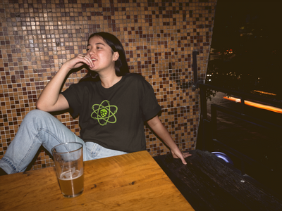 Ladies’ T-shirt showcasing the science of homebrewing with a molecular theme